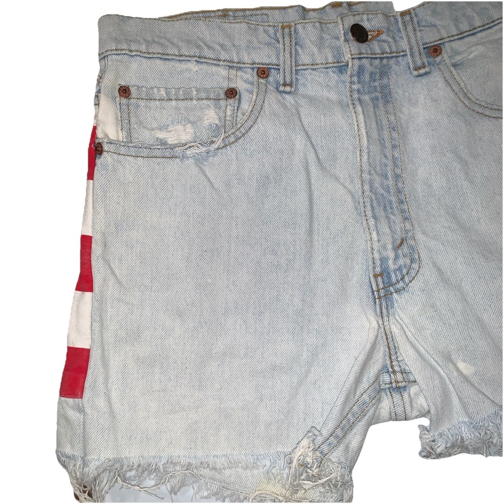 VTG Levis USA Flag Reworked High Rise Cut Off frayed Denim Shorts Distressed 30" - Picture 6 of 13